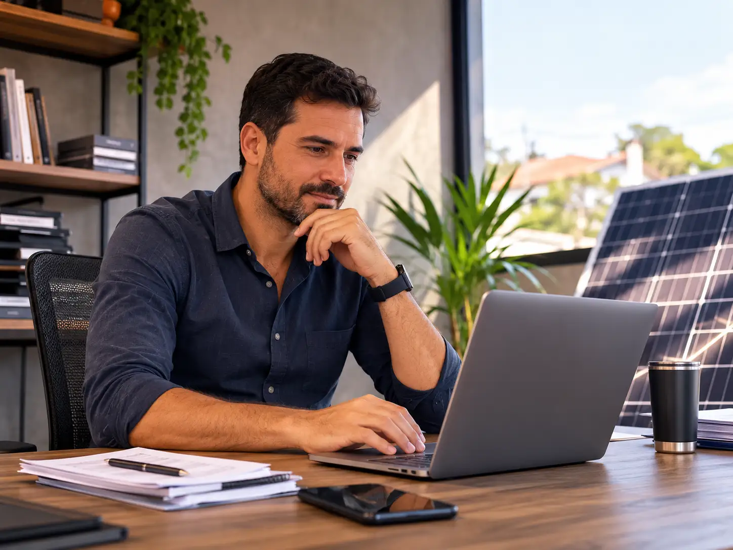 Dono de integradora conferindo uma proposta no notebook, com painéis solares pela janela